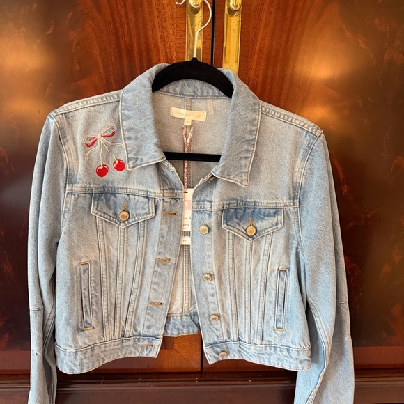 LoveShackFancy Bardot Cherry Embroidered Denim Jacket NWT M - Picture 13 of 16